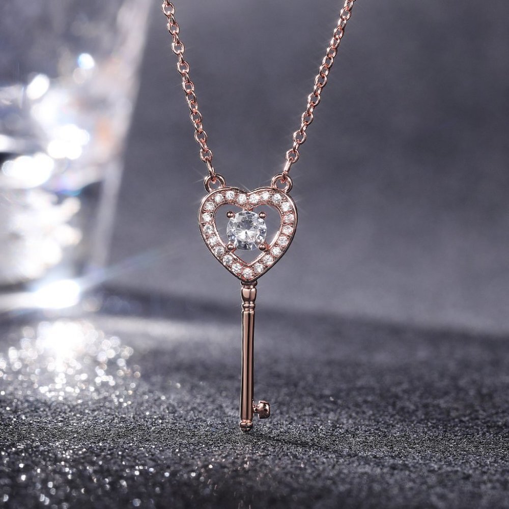 💥 Key Hollow Heart Zircon Micro Pave Rose Gold Plated Necklace, EVGG1101